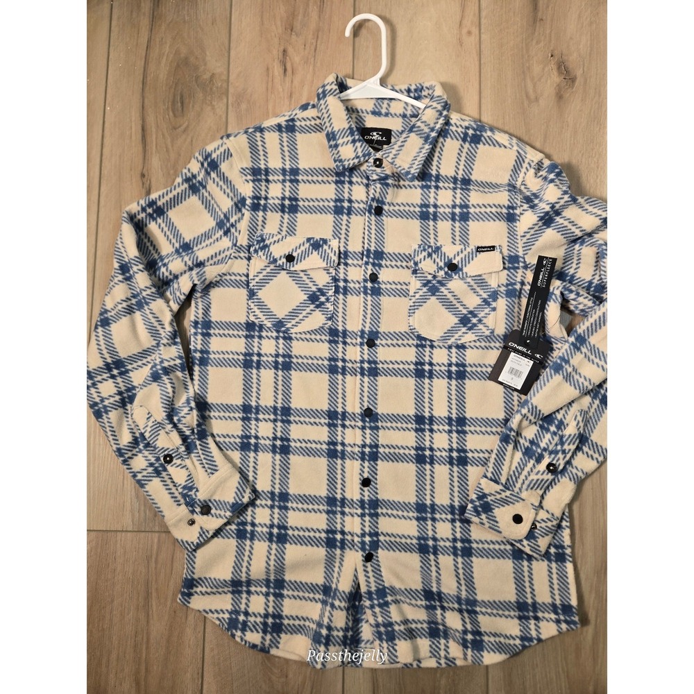O'Neill Flannel Shirt Mens Small Plaid Button Up Blue Cream Heavyweight Shacket
